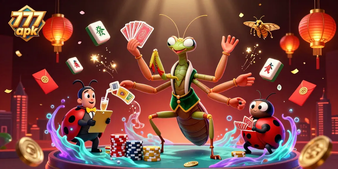 Experience winning strategies with the vibrant 777 apk casino scene featuring a unique praying mantis dealer.