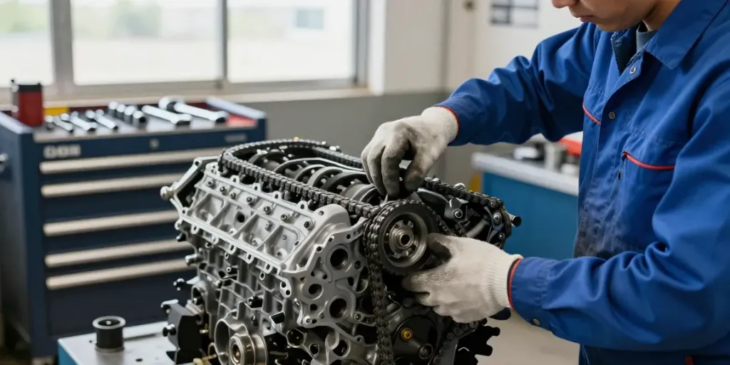 Mechaniker beim steuerkette wechseln in Hannover, detaillierte Inspektion des Motors mit Werkzeugen.
