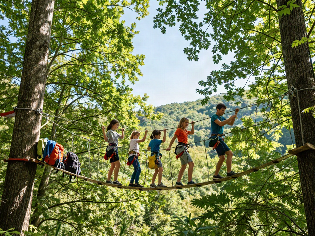 Family crossing a rope bridge in a vibrant forest, promoting outdoor adventure.