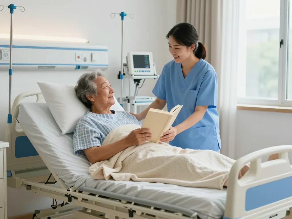 Comfortable giường bệnh nhân in a caring healthcare setting with a patient and caregiver.
