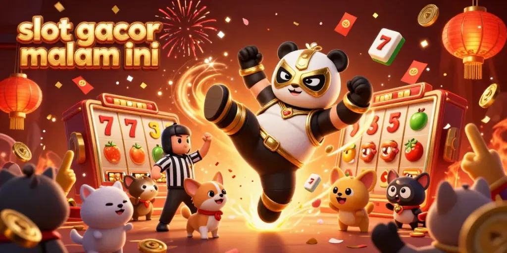 Ilustrasi slot gacor malam ini dengan panda pegulat terbang dan penonton hewan meriah.