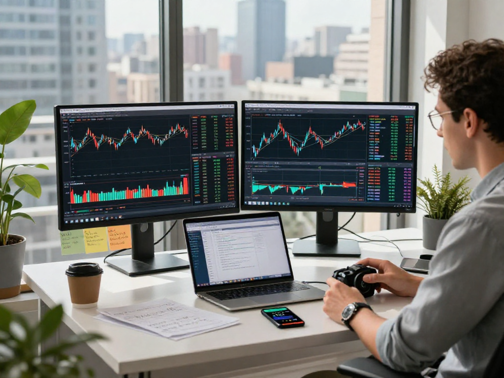 交易者使用TradingView分析股票市场，现代办公环境，实时数据与技术指标相结合
