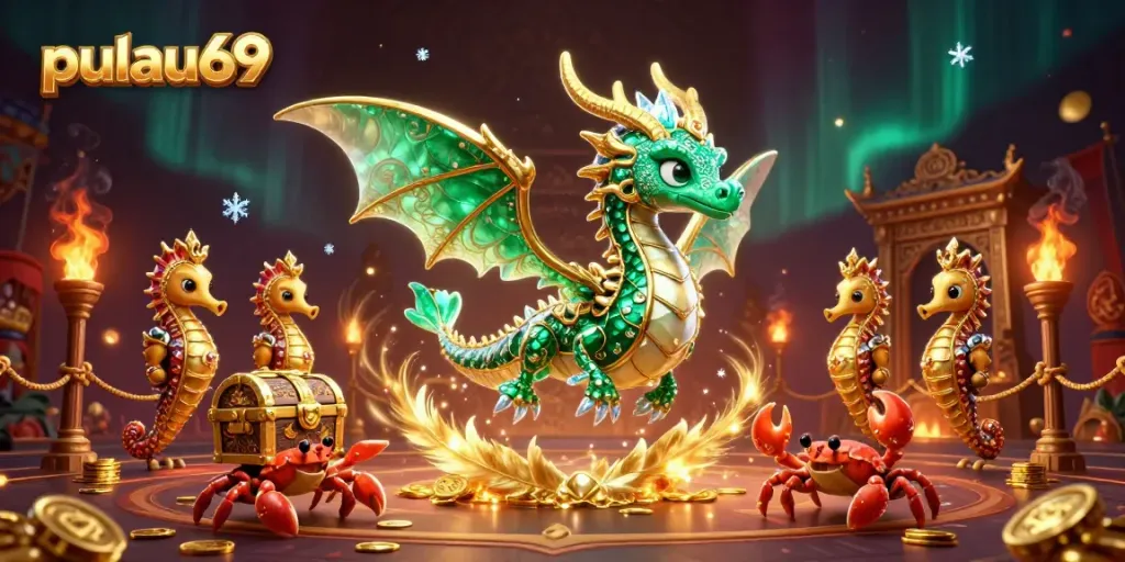 Engage with pulau69 gaming excitement featuring a sea dragon, treasure chest, and vibrant casino elements.