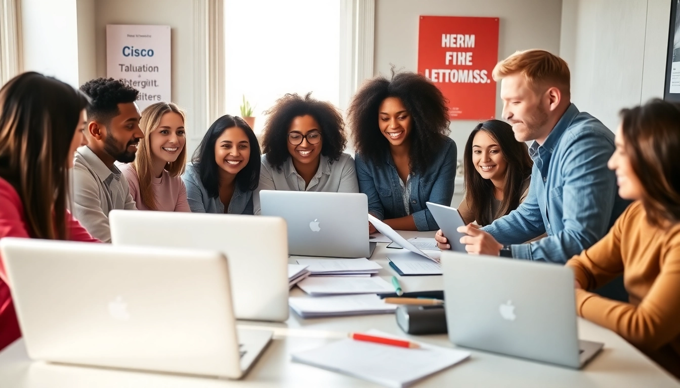 Engage in effective Cisco exam assistance with a collaborative study group in a bright setting.