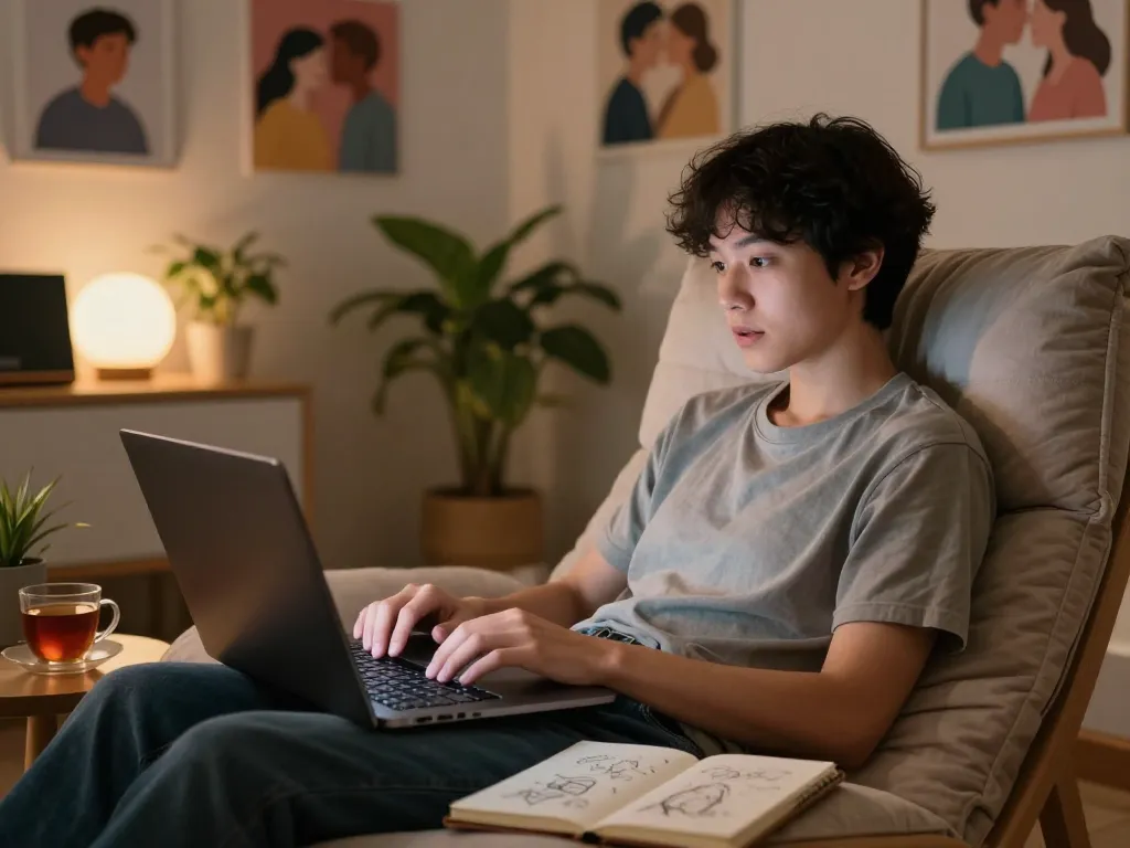 Engaging in AI sex chat with a virtual companion in a cozy home office.