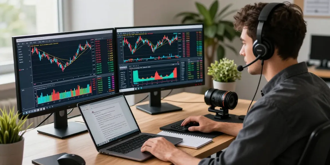 Trader analyzing MetaTrader 5 with live market charts in a modern office workspace.