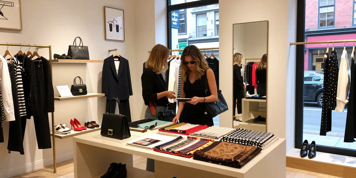 Shopper admiring high-quality 레플리카 items in a stylish urban boutique, surrounded by elegant accessories and soft ambient lighting.