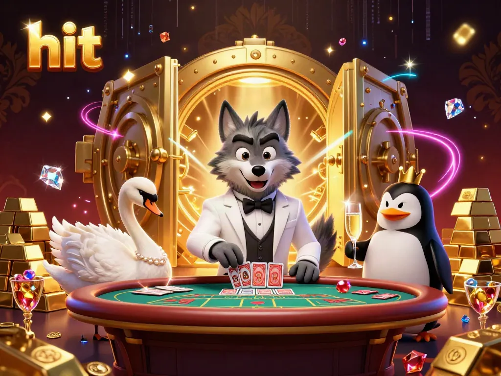Engaging scene depicting a debonair wolf, elegant swan, and penguin at a baccarat table, showcasing hit gaming excitement