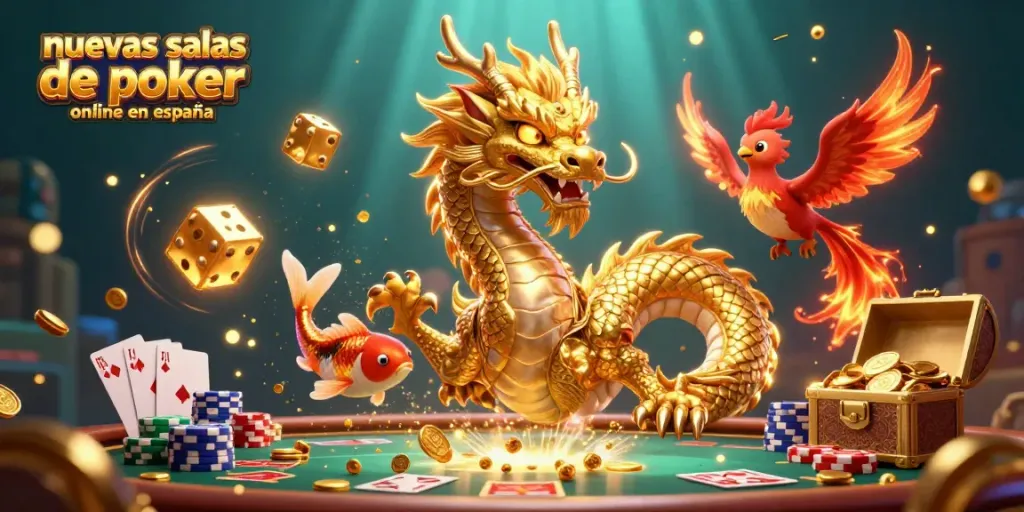 Disfruta de las nuevas salas de póker online en España con una ilustración vibrante de un dragón y un pez koi.