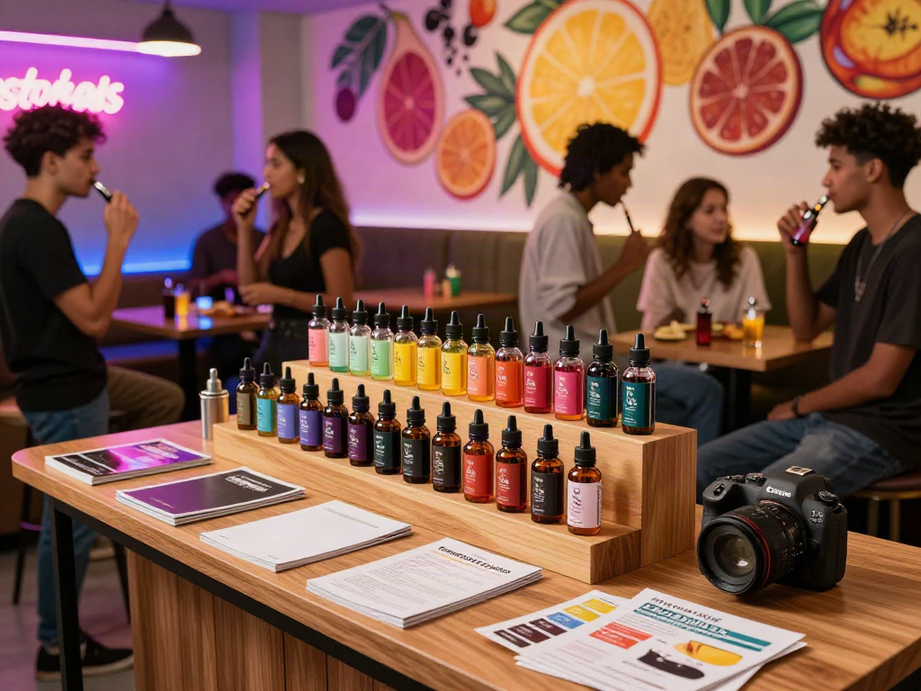Nomenon e liquid 100ml bottles displayed in a lively vape lounge setting.