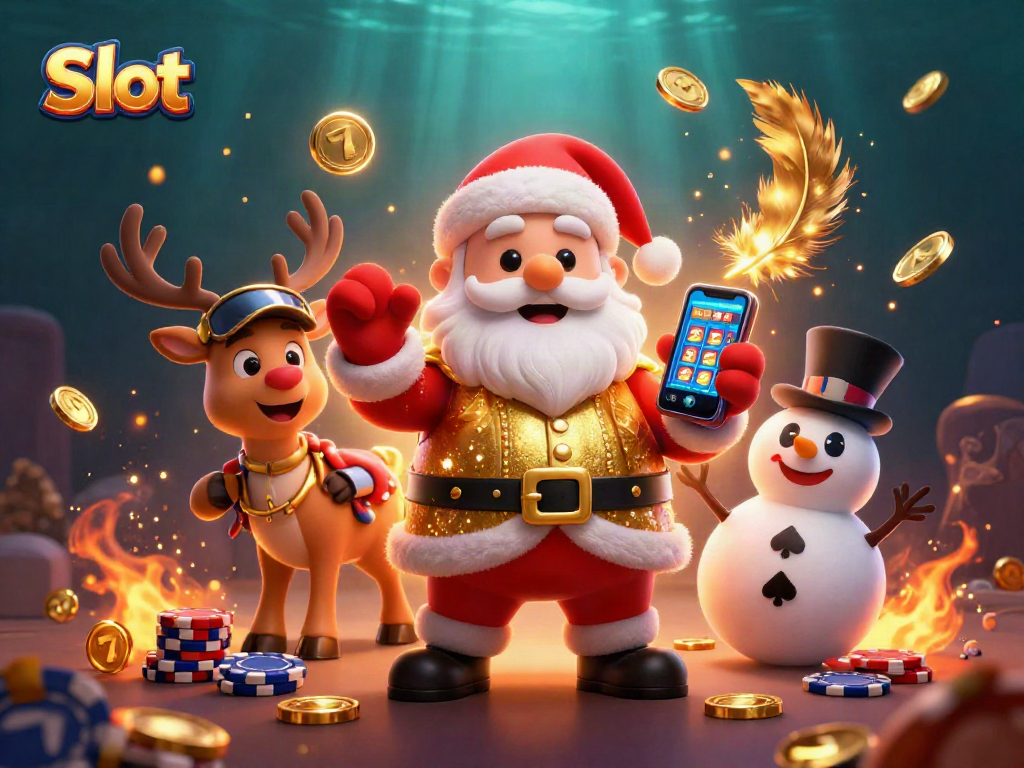 Engage with Slot excitement featuring a festive Santa, reindeer dealer, and poker snowman in a casino.