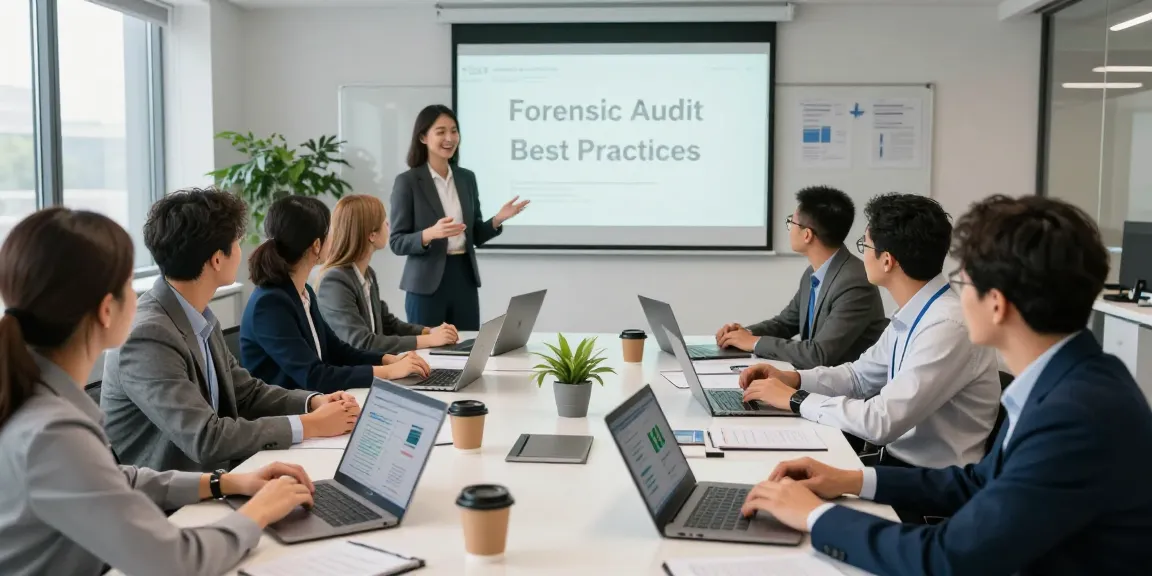Pelatihan audit forensik dengan aafikotaserang.org di ruang modern, auditor berdiskusi antusias.