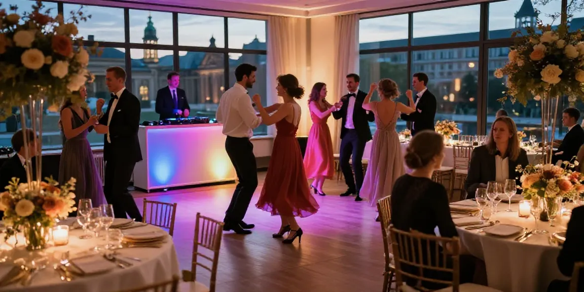 Wedding DJ in Berlin creating an unforgettable atmosphere at a vibrant reception, ensuring guests dance joyfully.