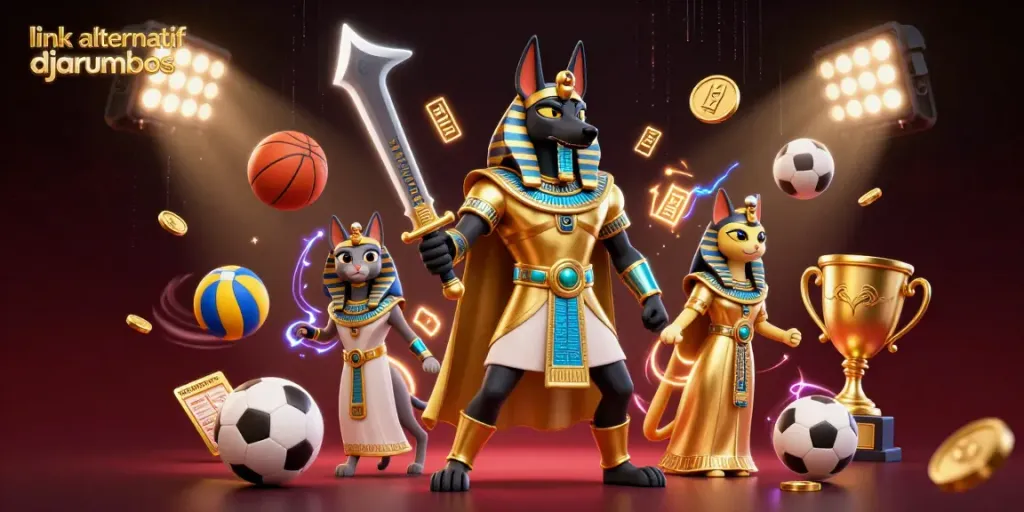 Play with link alternatif djarumbos in this dynamic casino scene, featuring Anubis and Bastet among vibrant sports elements.