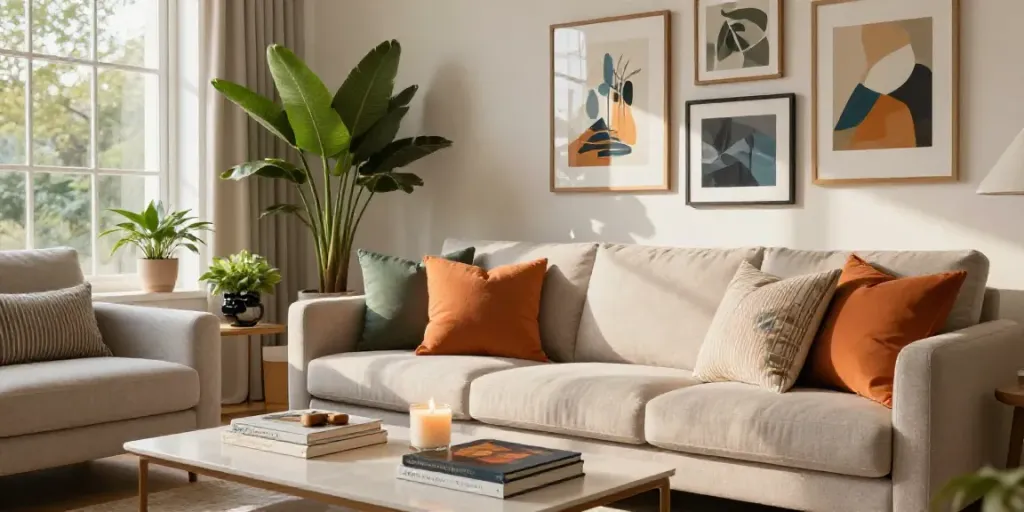 AI generated home decor product descriptions showcased in a stylish living room with vibrant pillows and art.