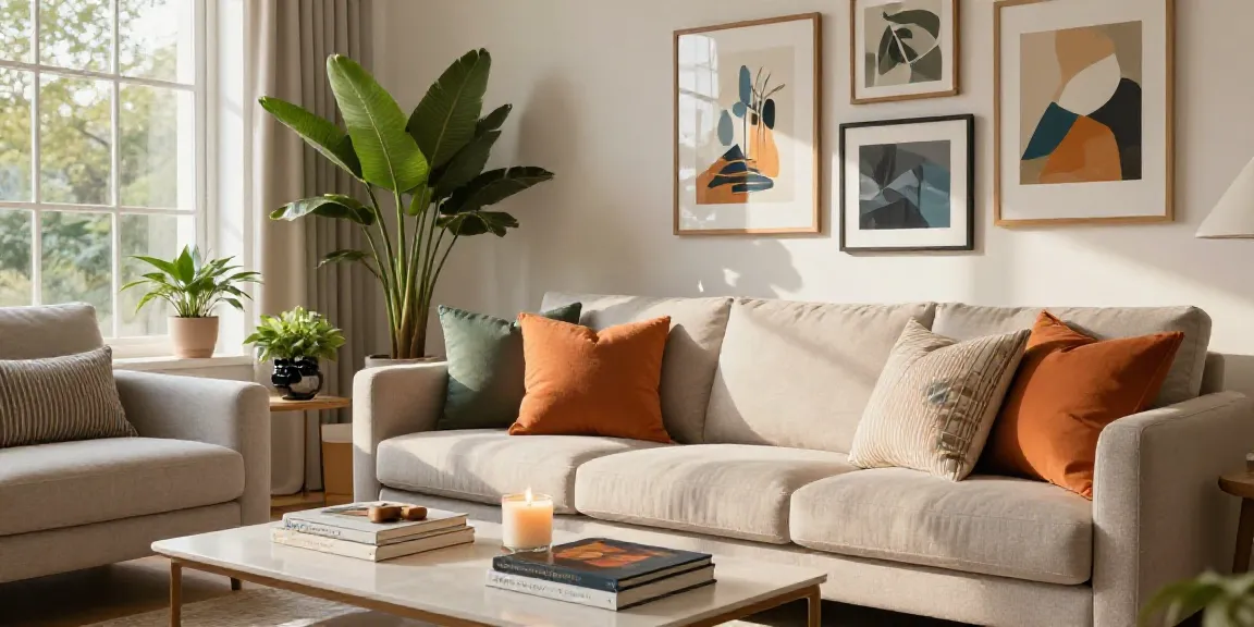 AI generated home decor product descriptions showcased in a stylish living room with vibrant pillows and art.