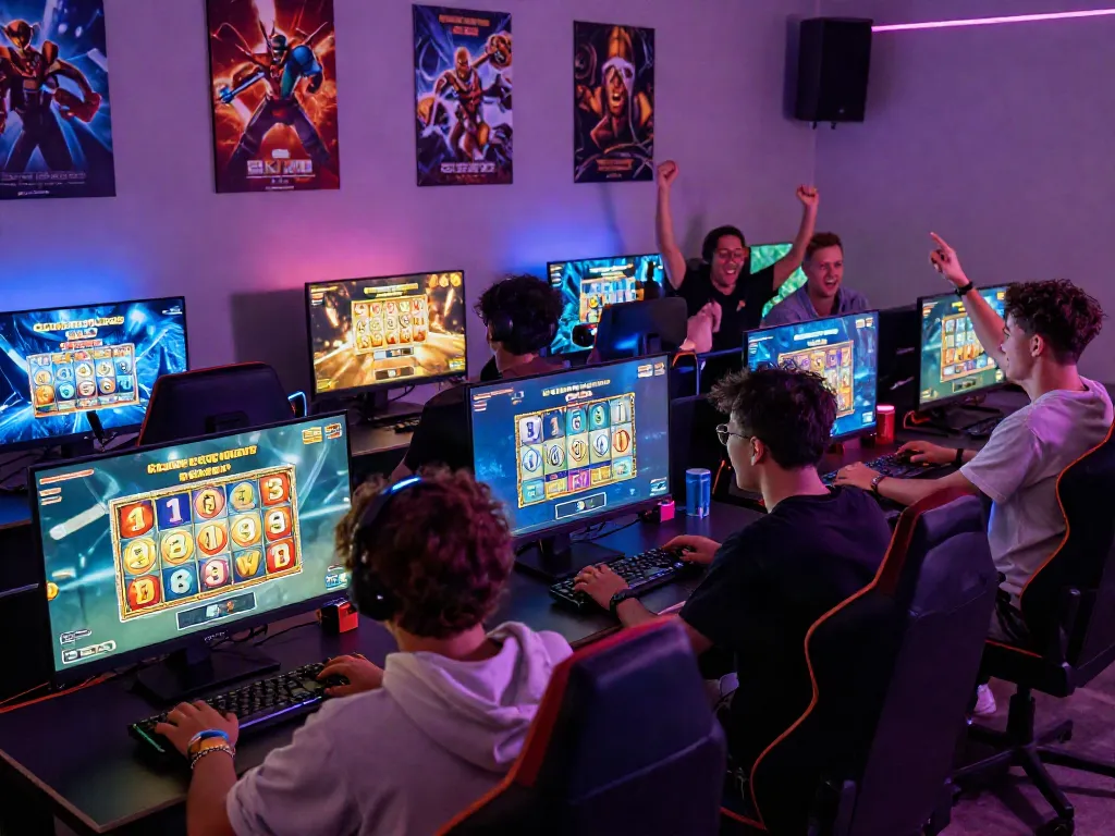 Permainan JPTOTO yang seru di ruang gaming modern dengan pemain energik.