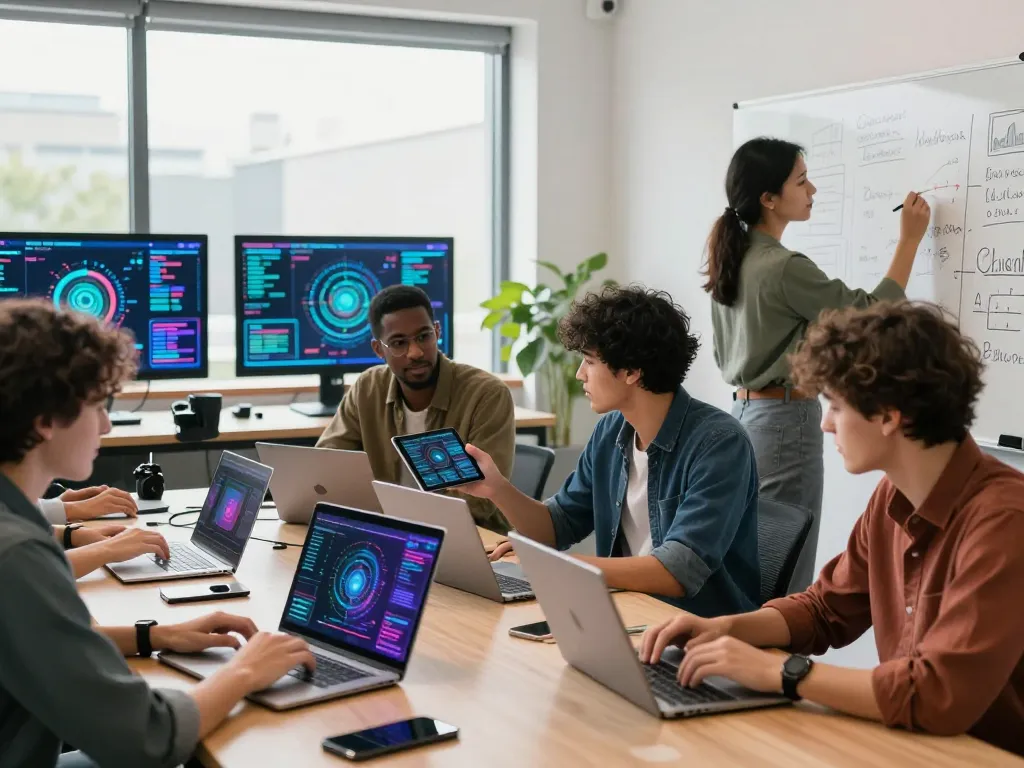 Young professionals collaborating in a bright tech workspace, showcasing ia +18 concepts through innovative AI discussions.