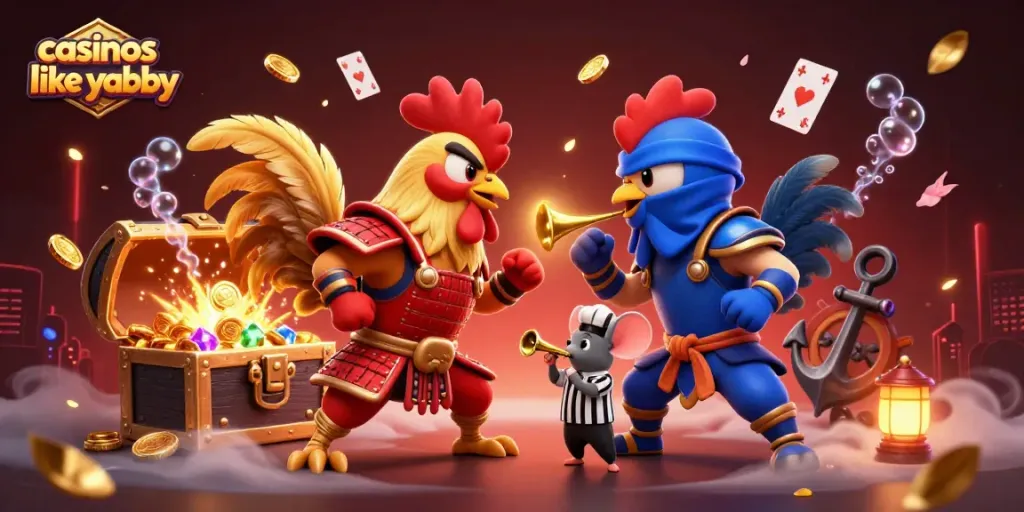Engage with casinos like yabby featuring twin 3D roosters in action amidst coins and vibrant backgrounds.