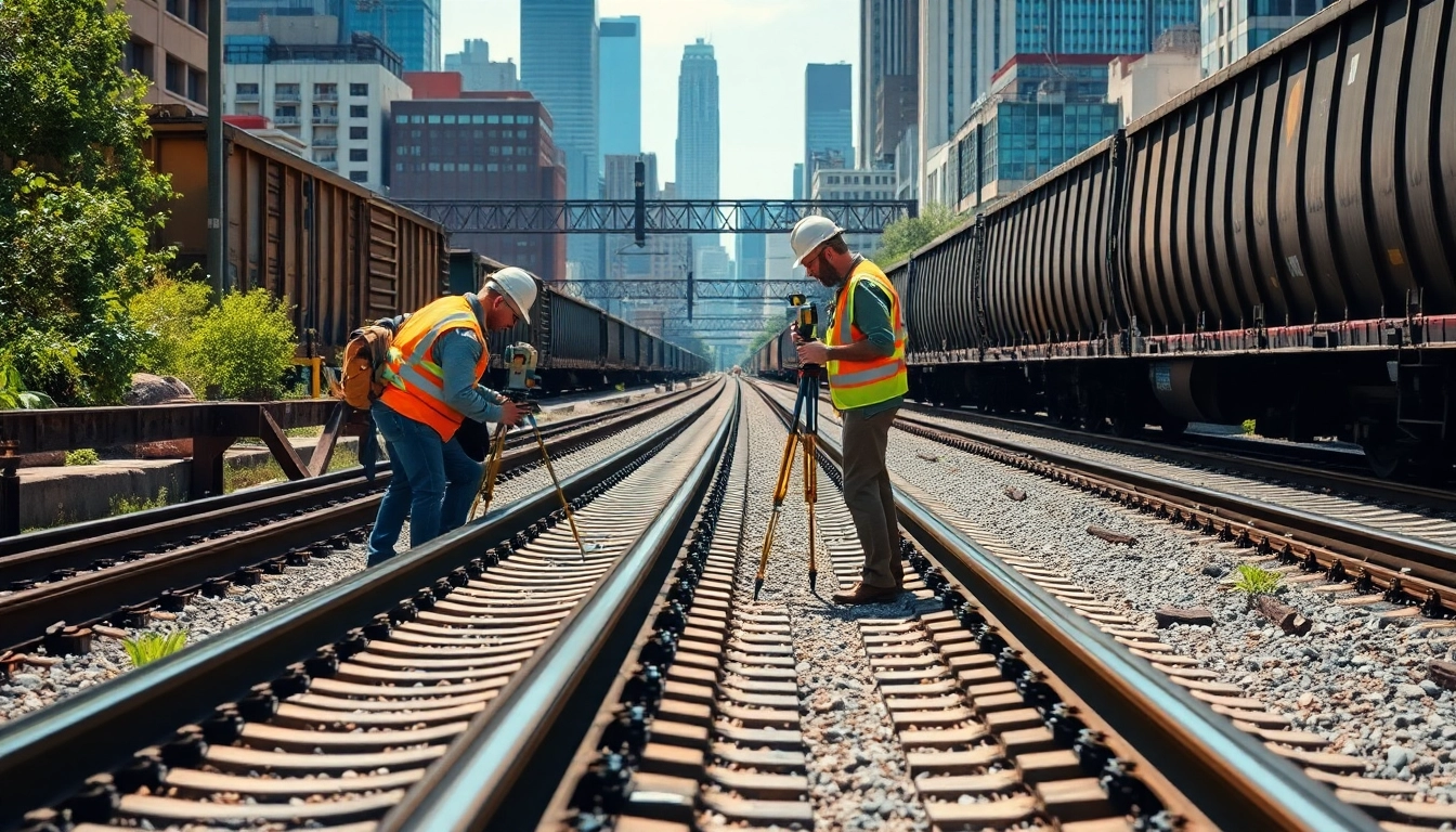 Railroad Contractors inspecting railway tracks during a project in an urban setting.