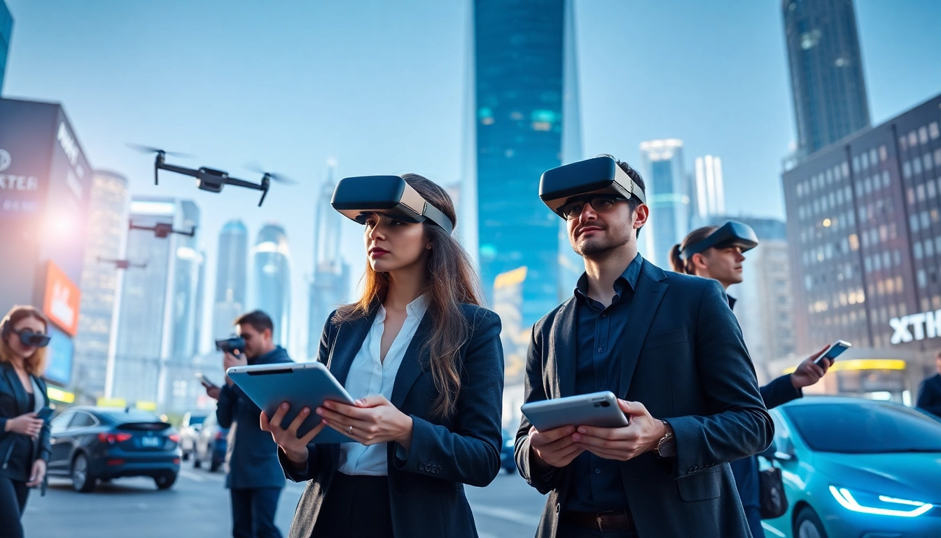 Technology showcases modern innovations in an urban setting with people using devices.
