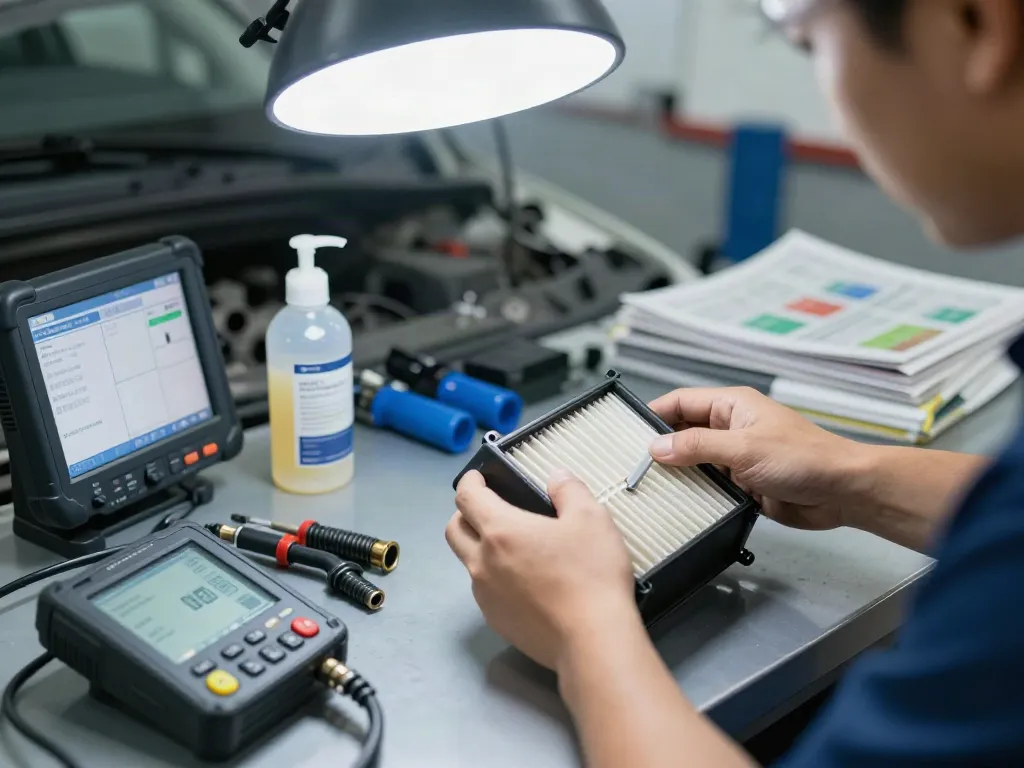 Techniker bei der DPF-Regeneration in einer Werkstatt, umgeben von Werkzeugen und Diagnosegeräten.