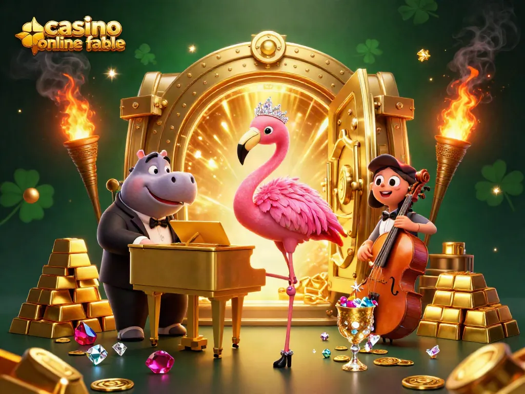 Disfruta en un casino online fiable donde un flamenco cantante y un hipopótamo crean una atmósfera animada con joyas y oro.