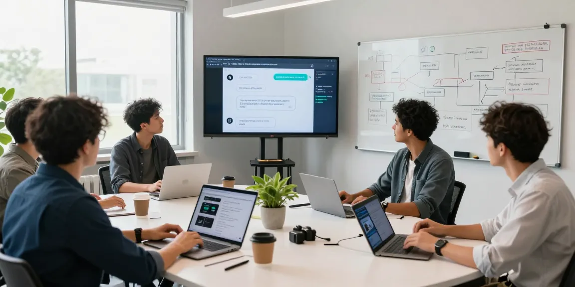 Creative team collaborating on crush ai chatbot design in modern office.