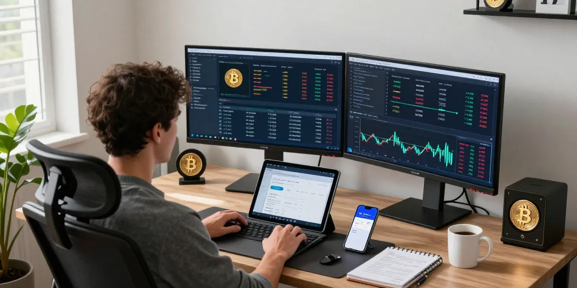 Bitcoin mining company tools and charts in a modern home office setup exploring cryptocurrency.