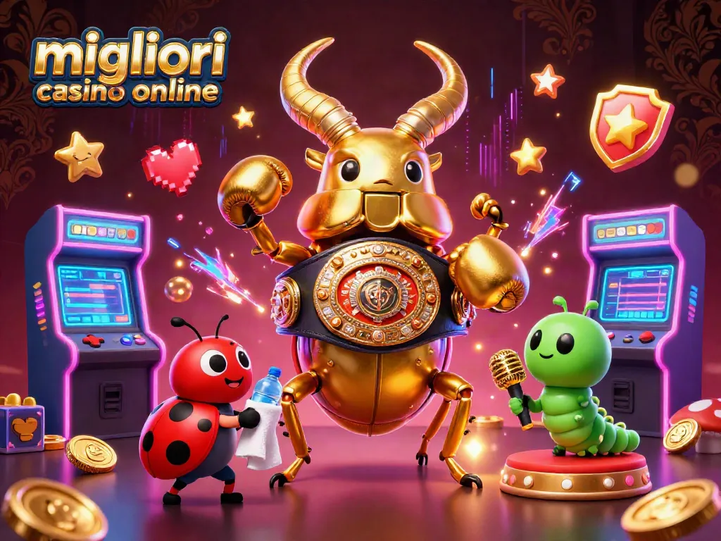 Scopri i migliori casino online con questa vivace illustrazione 3D di un combattimento tra uno scarabeo e personaggi colorati.