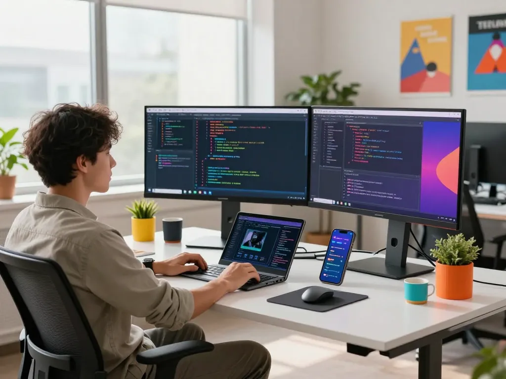 AI developer in a vibrant workspace demonstrating image to prompt ai technology with multiple monitors and tech gadgets.