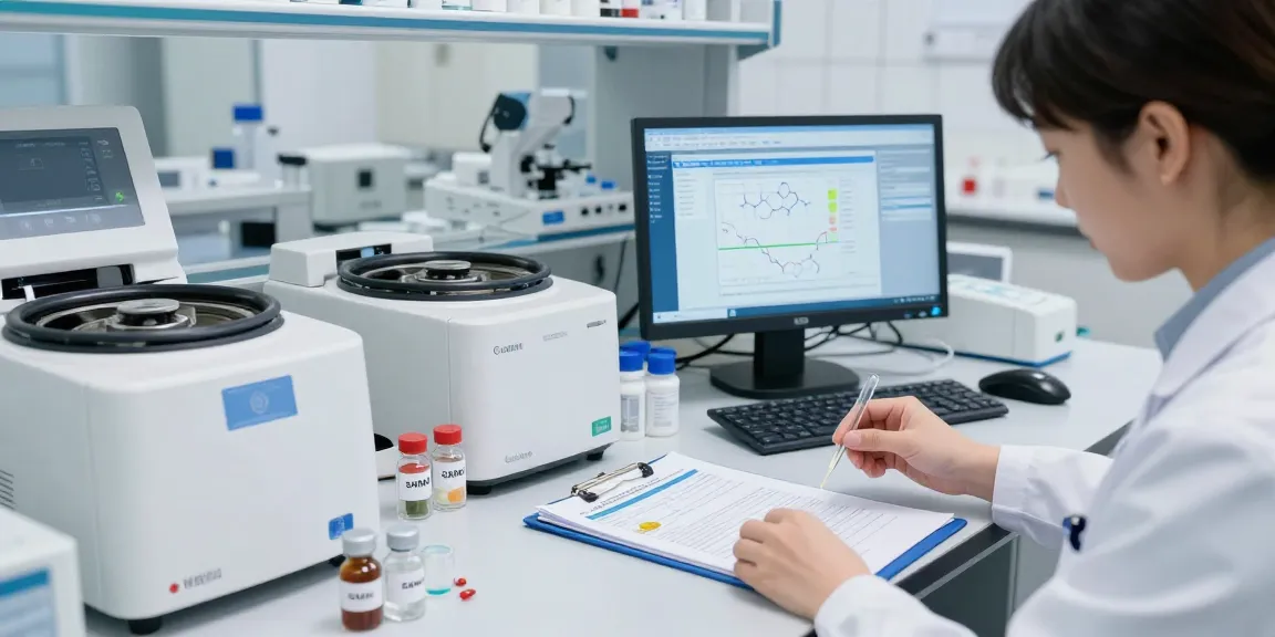 Researcher analyzing Swiss Chems peptides in a modern lab setting.