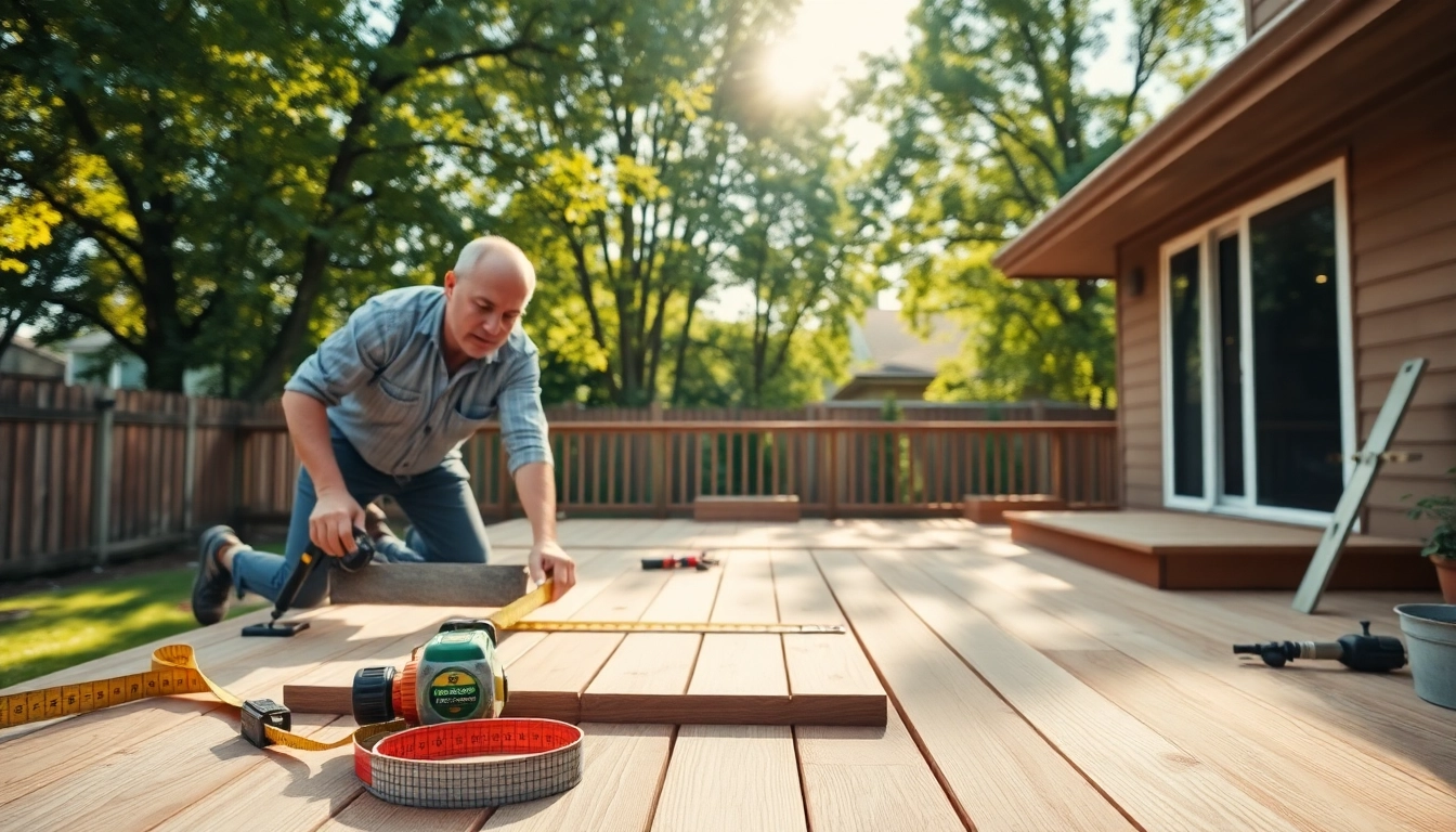 Craftsman engaged in deck building, showcasing skilled techniques with tools in a serene backyard.