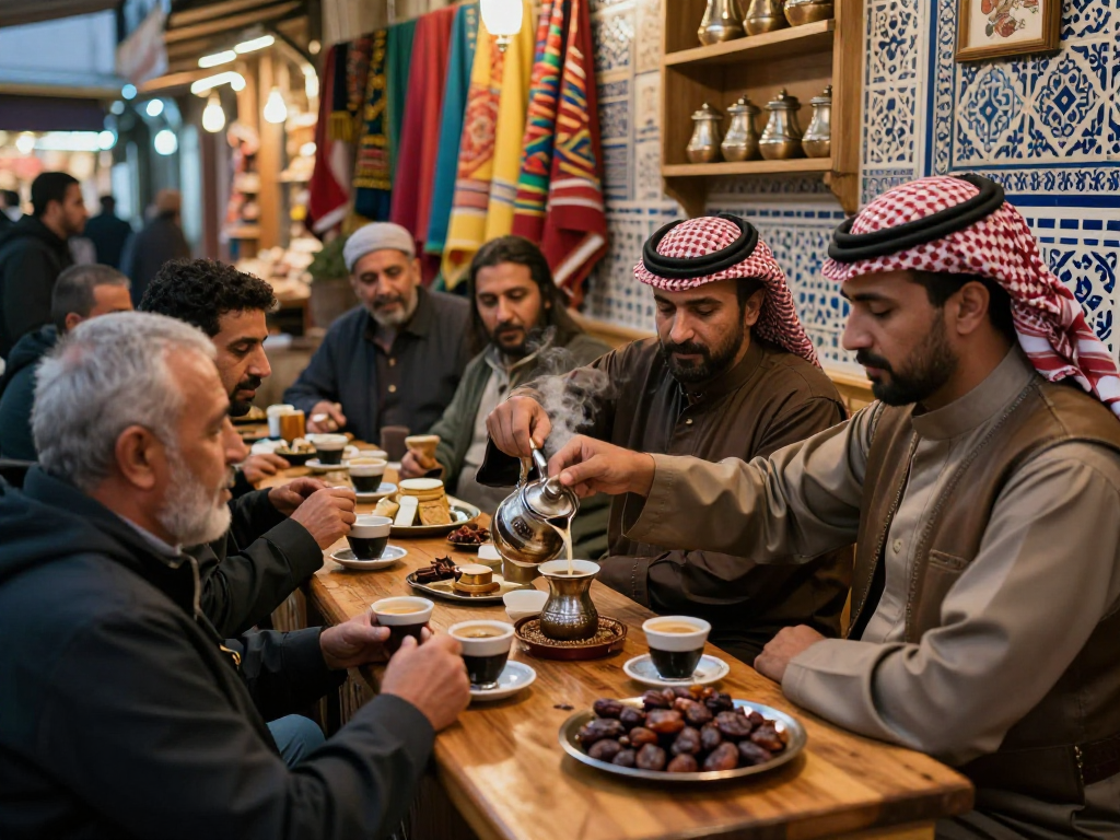 قهوجي وصبابين في مشهد دافئ من مقهى تقليدي مع زبائن سعداء.