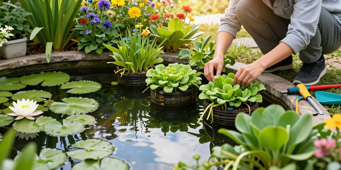 Buy Pond Plants Online in a vibrant garden with aquatic plants, a person arranging them in a serene pond.