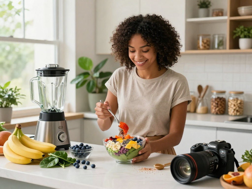 Vegan astaxanthin smoothie bowl preparation with fresh fruits and seeds in a modern kitchen.