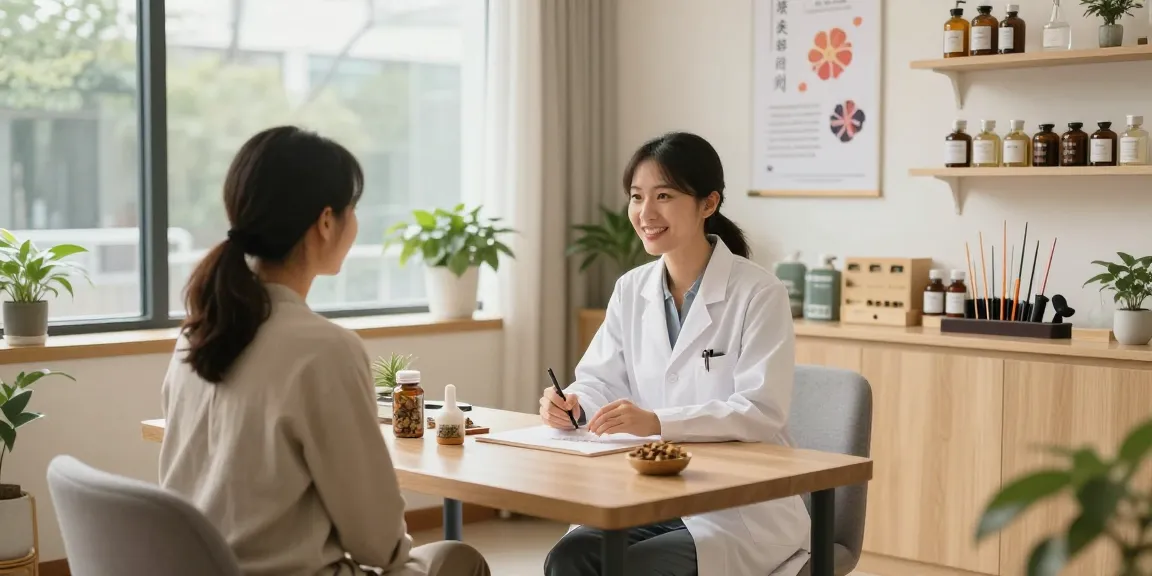 Consultation at 영통한의원 with a practitioner providing herbal medicine advice in a welcoming clinic environment
