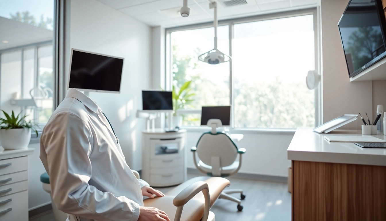 Dentist performing a check-up in a welcoming dental office setting, featuring modern equipment.