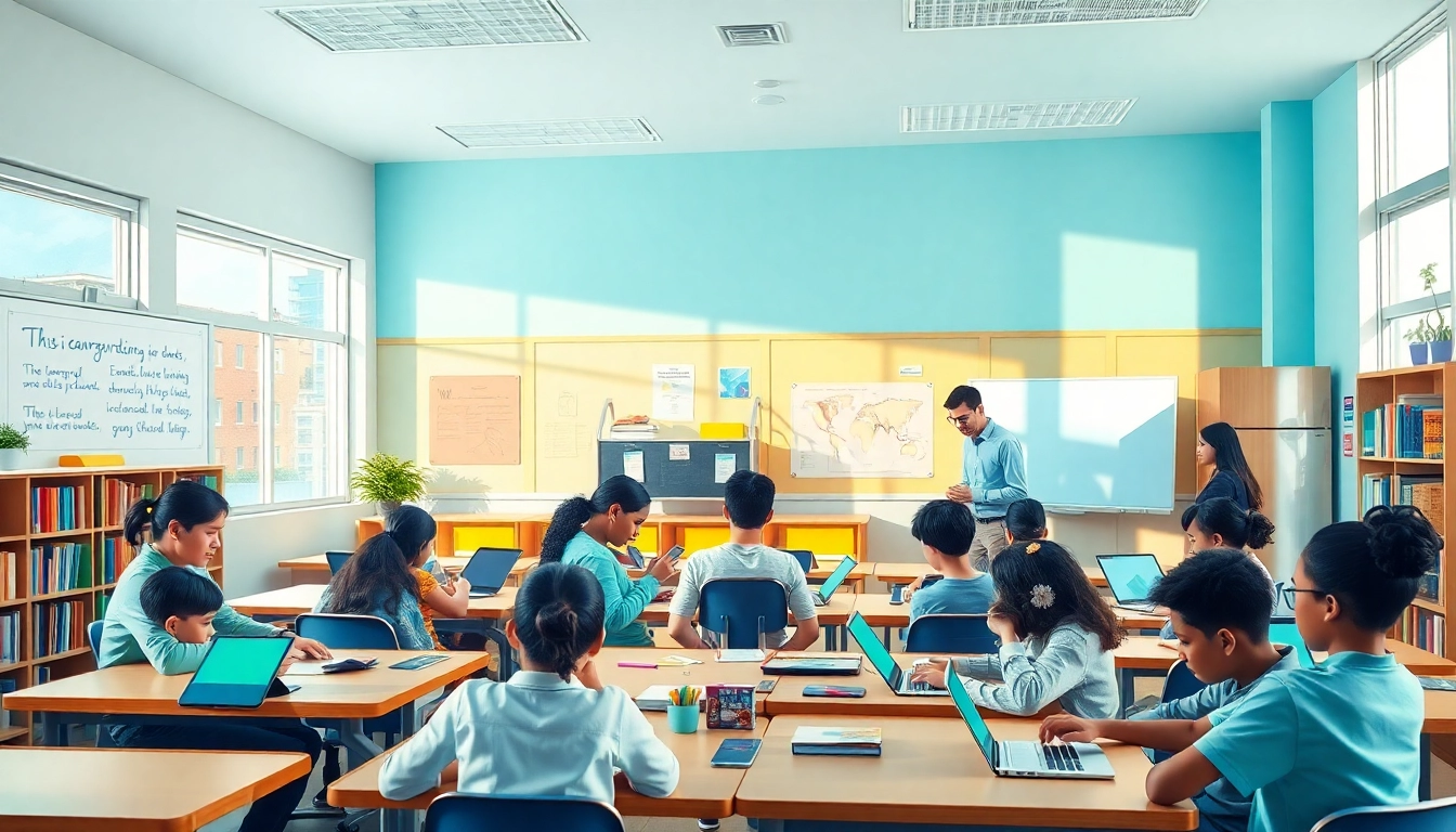 Engaging classroom setting showcasing education equity and innovation, featuring diverse students with digital tools.