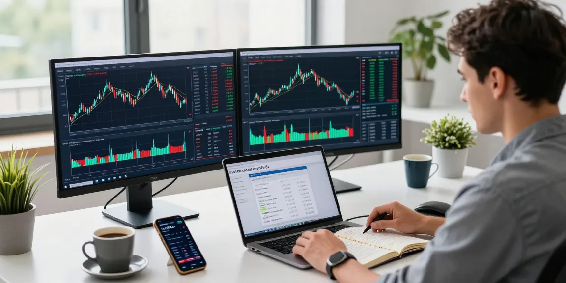 Trader analyzing MetaTrader 5 data in a modern office with dual screens, showcasing real-time analytics.