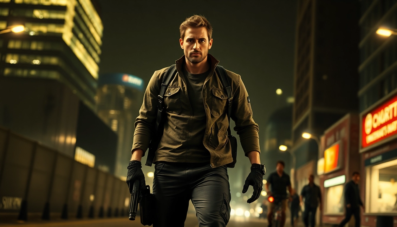 Heroic character embodying qualities of strength Like Jack Reacher in an urban action scene.