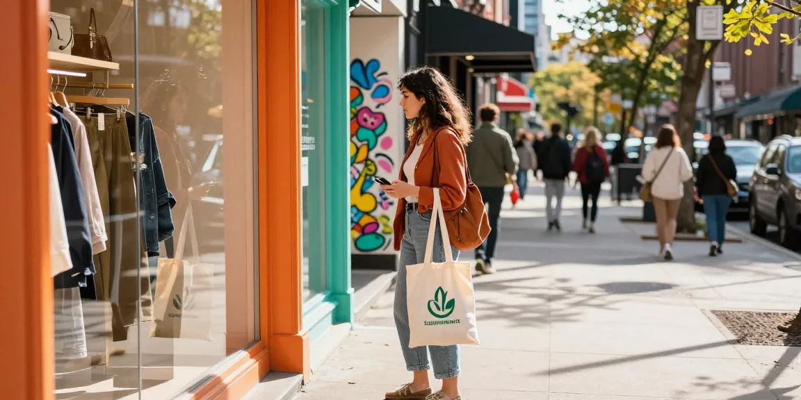 Trendy shopper enjoying the vibrant urban shopping scene at shs-dome5.com with eco-friendly bags and stylish outfits.