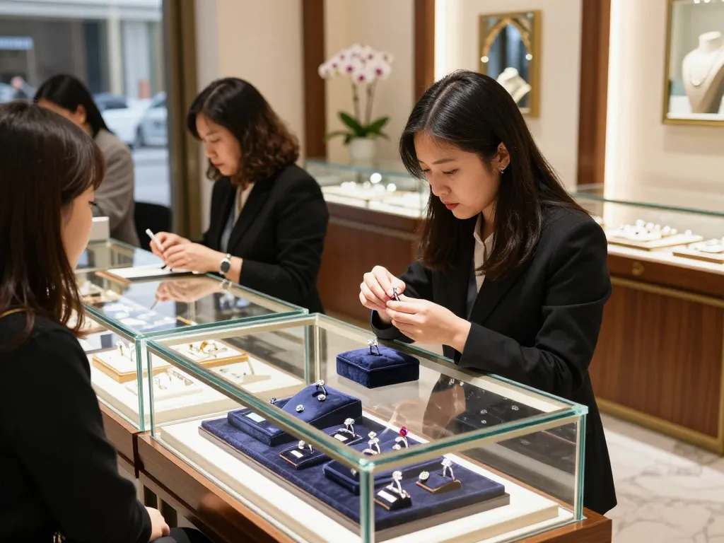 Jeweler assisting customer to get more info on diamond rings in a luxurious store.