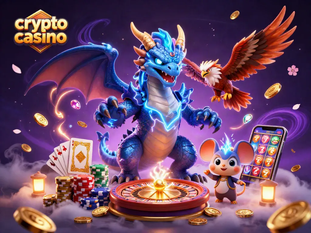 Gioca nei migliori crypto casino con la nostra avvincente illustrazione 3D di drago e simboli di gioco.
