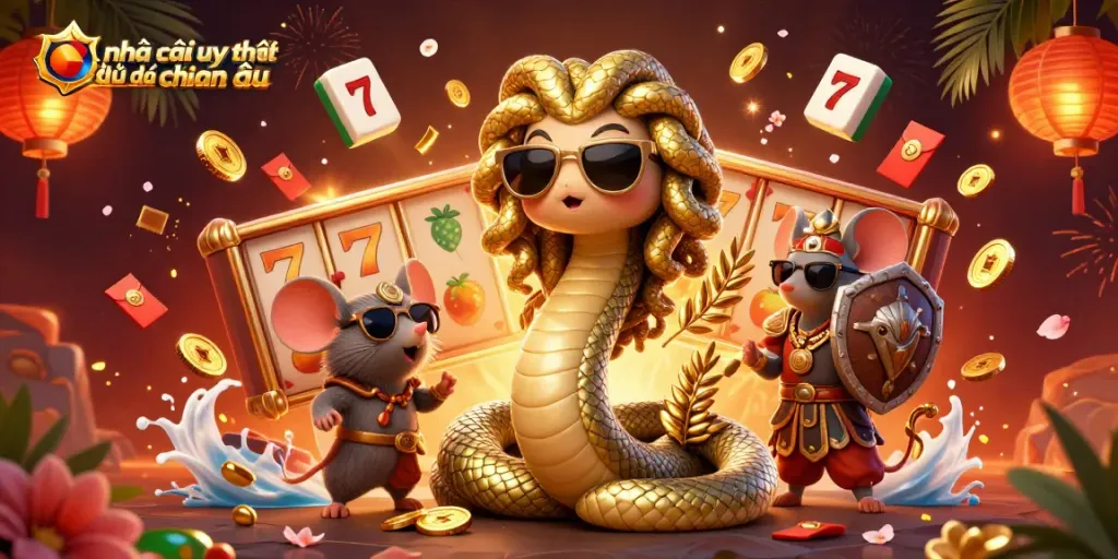 Hình ảnh nhà cái uy tín đến từ châu âu với Medusa dễ thương và chiến binh chuột cùng với các biểu tượng may mắn.