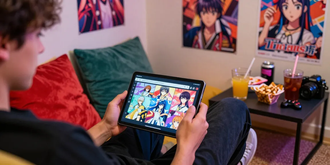 Engaged player exploring hentaigame on tablet in cozy gaming setup.