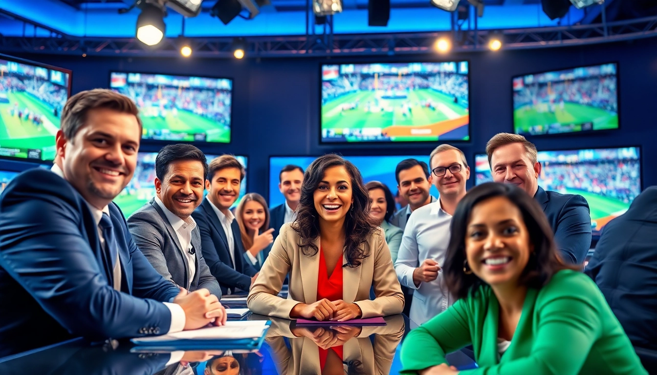 Engaging sports broadcasting studio showcasing lively commentators and vibrant screens.