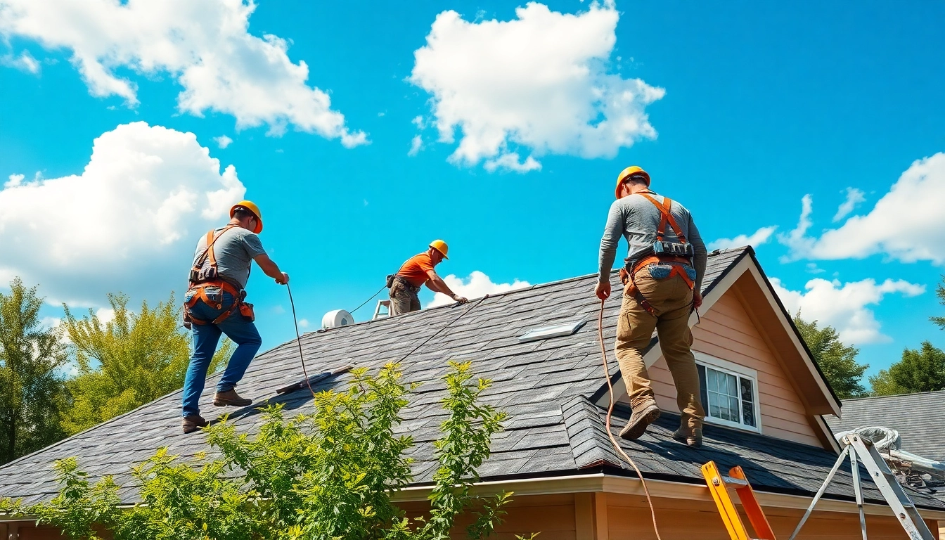 Professional roofing services team installing shingles on a house in a sunny neighborhood.