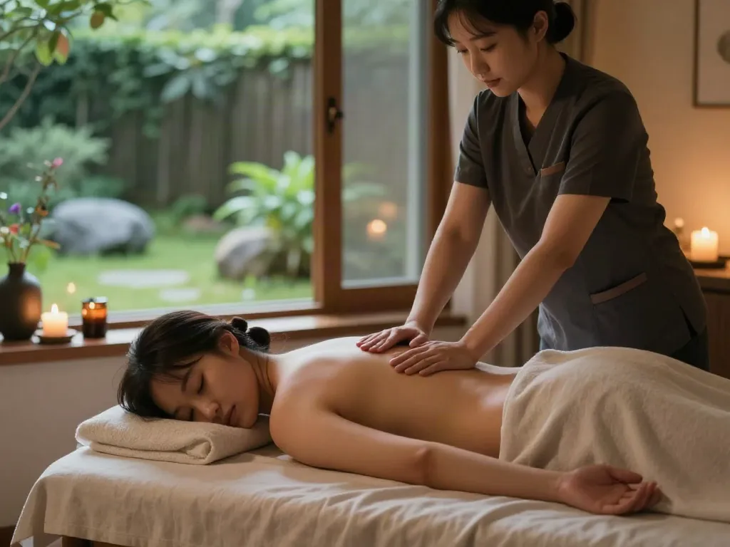 Relaxing 상봉동출장마사지 therapy scene with a skilled therapist and a tranquil home environment.