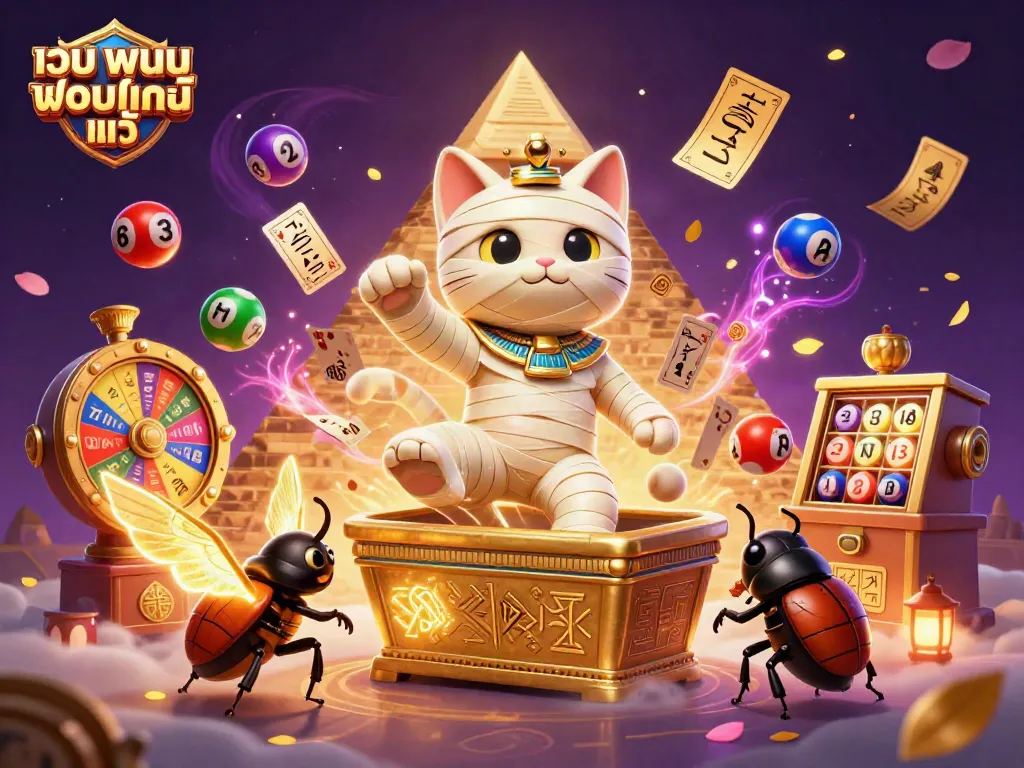 เว็บพนันออนไลน์ แท้ อิลลูสเตชัน 3D ที่มีแมวมัมมี่และลูกบอลลอตเตอรี่